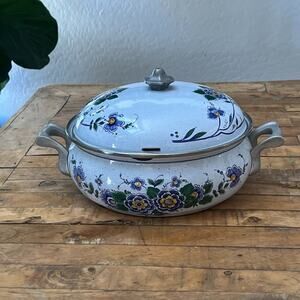 Vintage Asta Enamel Casserole Pot Lid 10.25" Diameter Blue Floral Germany
